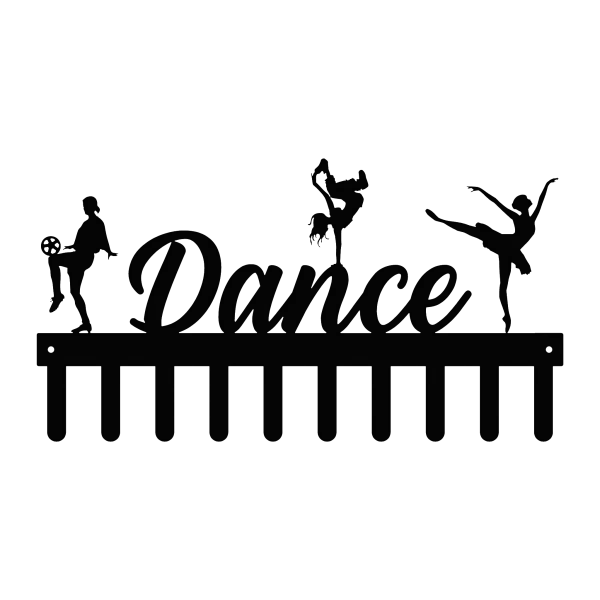 A black steel medal holder featuring the word 'Dance' in elegant script. Above the word are silhouettes of three dancers in various poses. Below, there are ten hooks for hanging medals. The design is sleek and artistic, suitable for dance enthusiasts.